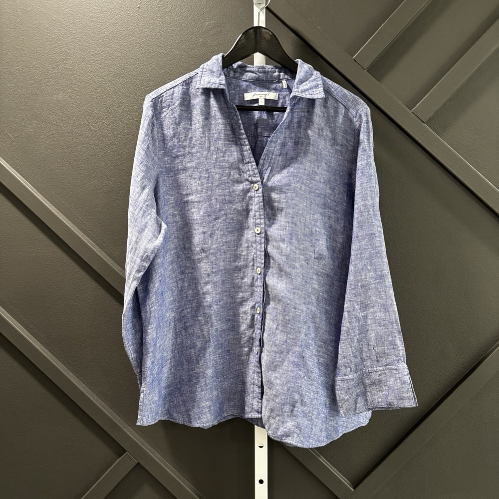 Foxcroft NYC Women's Size Large 100% Linen Blue Chambray Button Down Shirt